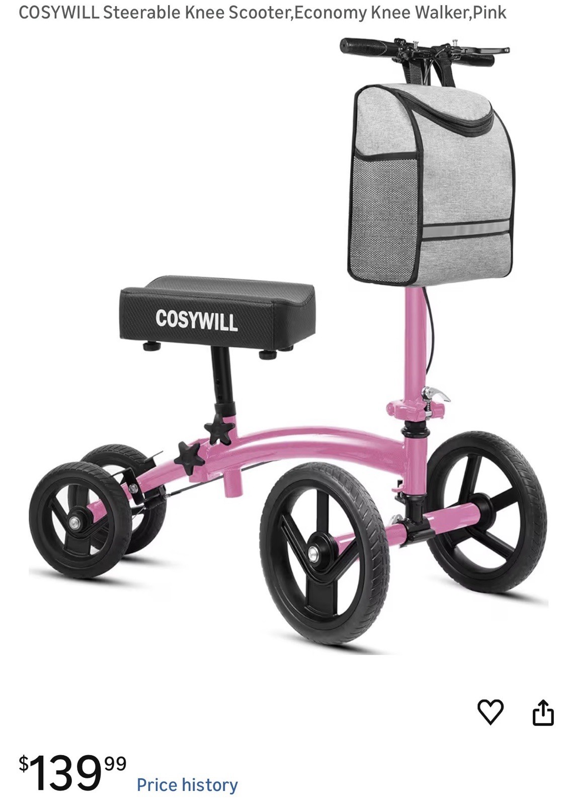 COSYWILL HCT-9150 Knee Walker Scooter Pink 4-Wheel with Storage Compartment