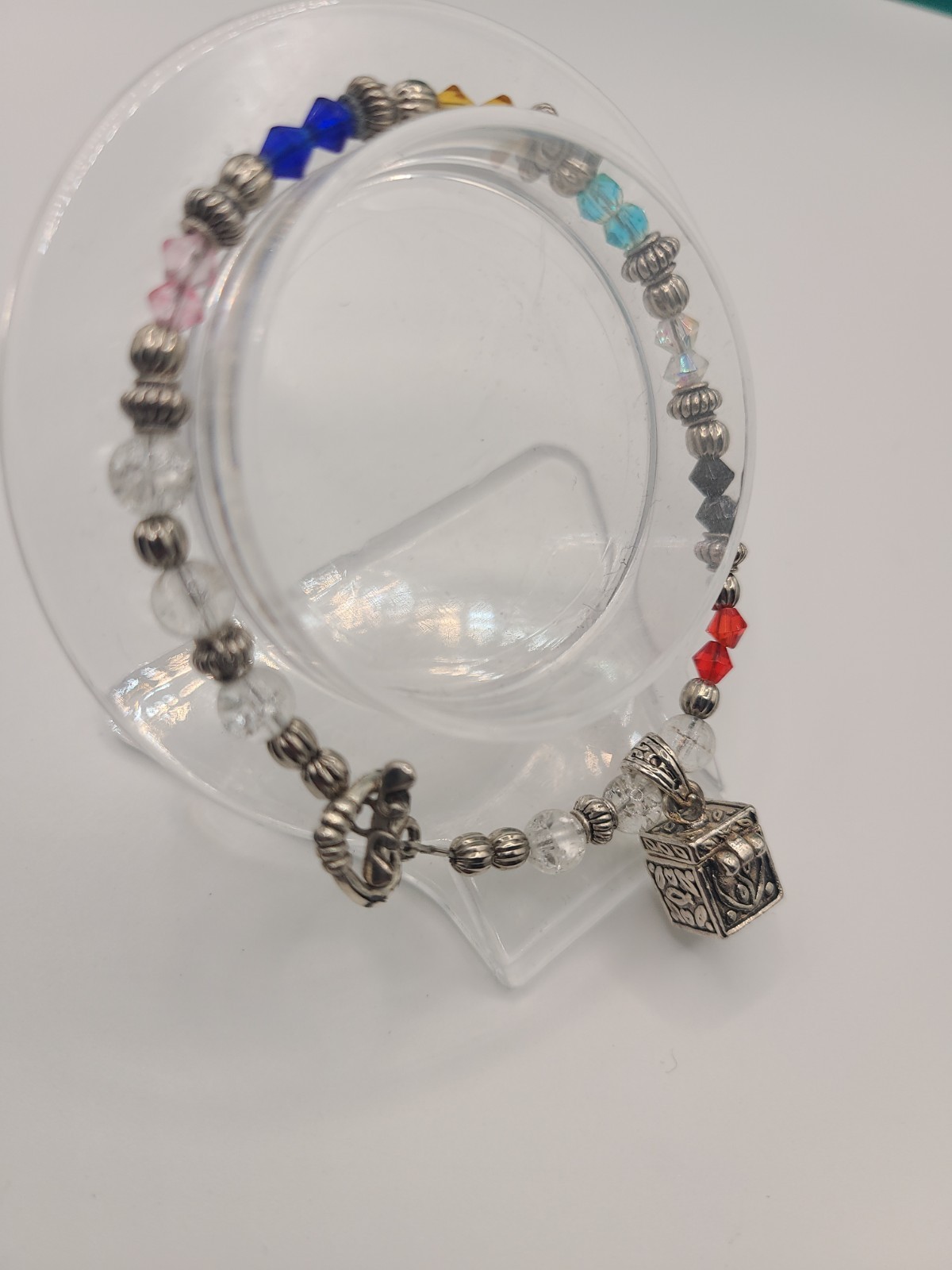 Prayer Box Bracelet Handcrafted Artisan Silvertone Multi Heart Toggle Clasp 7"
