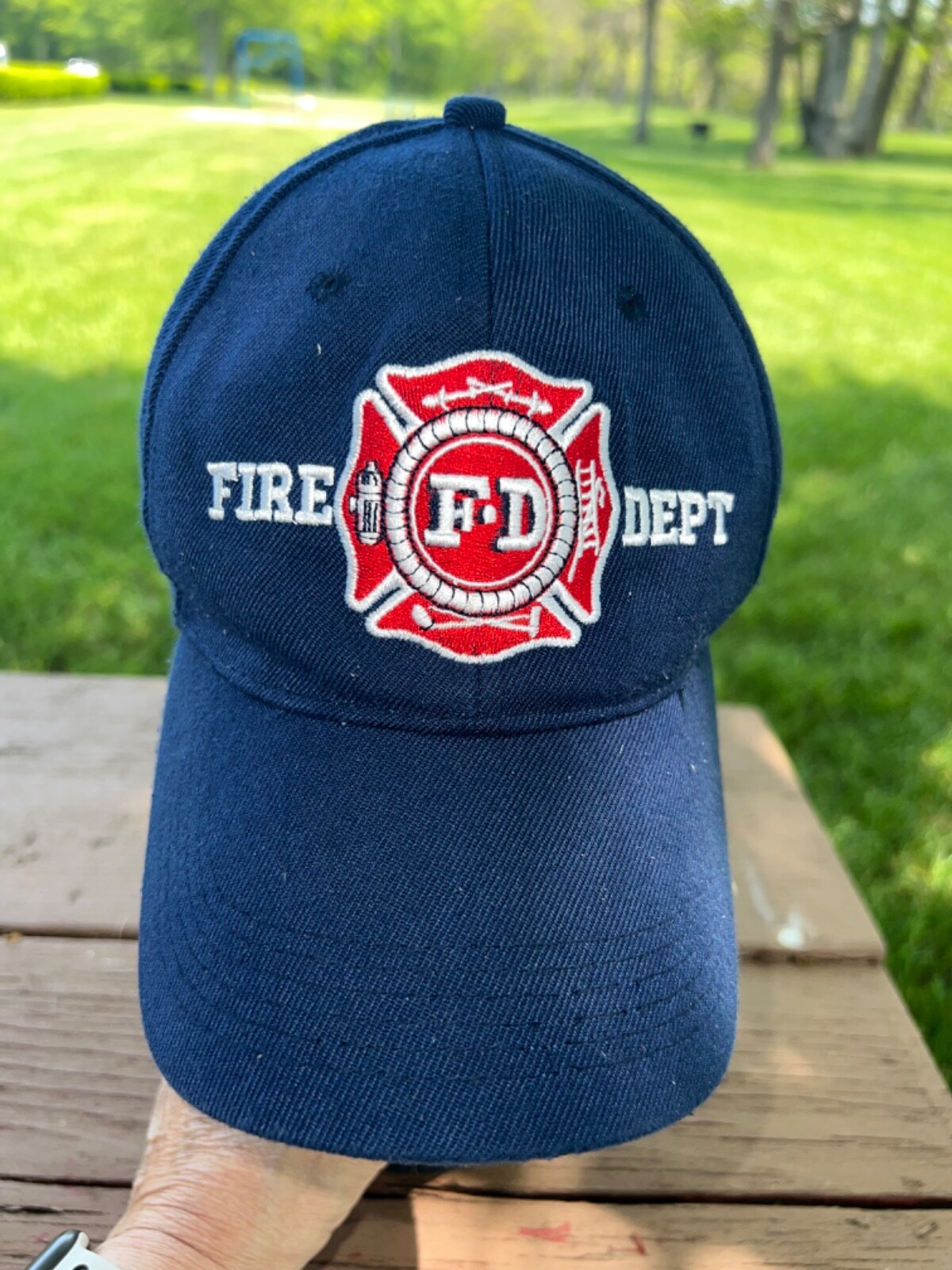 FD Fire Dept Navy Blue RWB Logo Hat Cap Hook Loop Dry Cleaned Good Condition