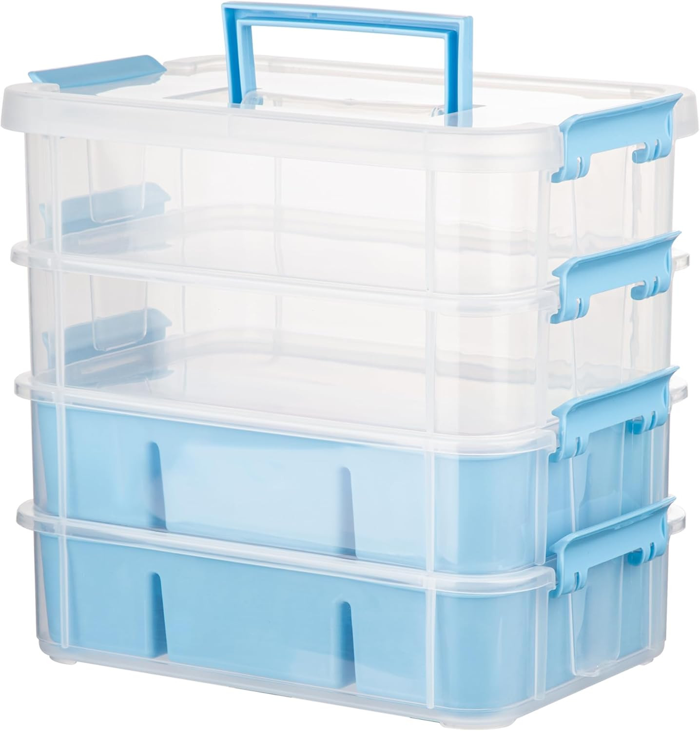Art Supply Storage Organizer, 4-Tier 10 Qt Box, 2 Trays, Blue | Clear Compartmen