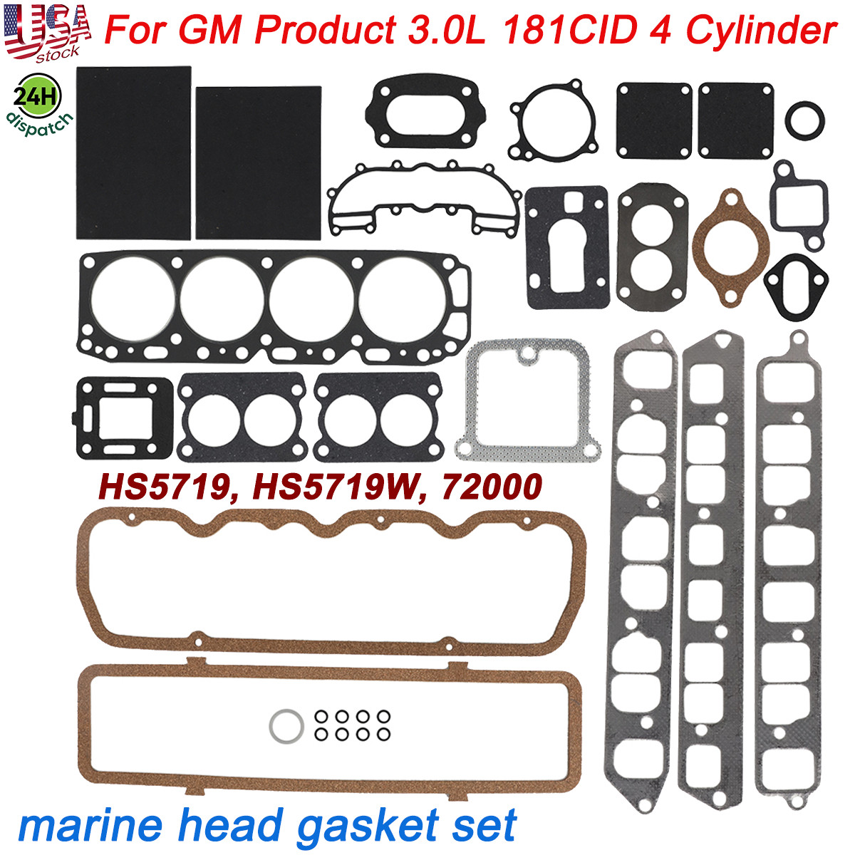 For GM Chriscraft Mercruiser Chevy Marine 3.0L 181CID Marine Head Gasket Kit US