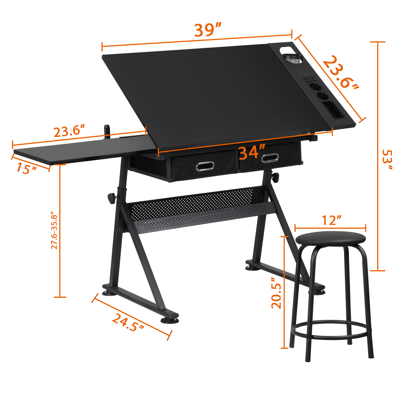Drafting Table Adjustable Drawing Artist Desk Tilted Tabletop w/2 Drawers Stool