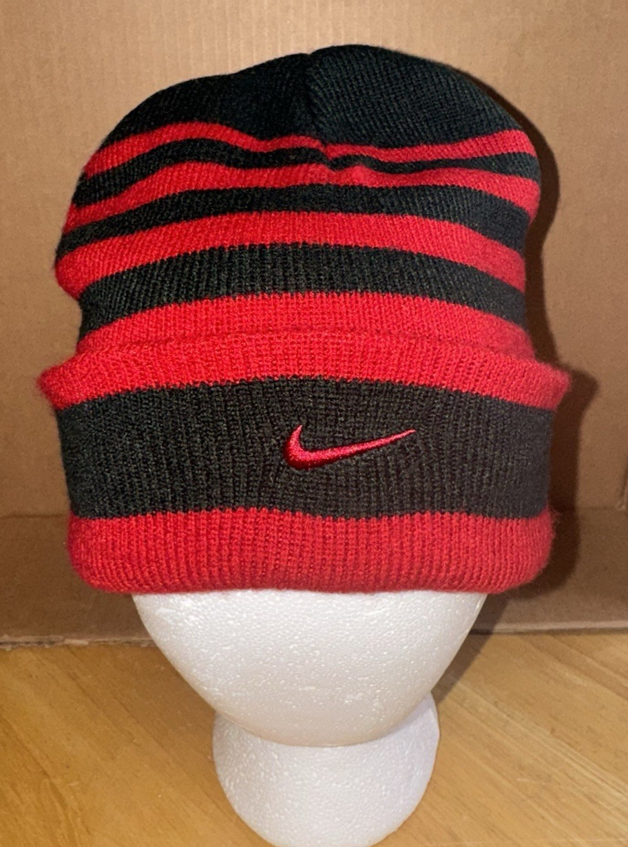 Nike Beanie Hat Cap Black Red Striped Youth Kids Boys Swoosh