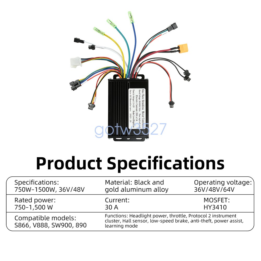 36V 48V 64V 30A Sine Wave Brushless Motor Controller 750-1500W Three-Mode Driver