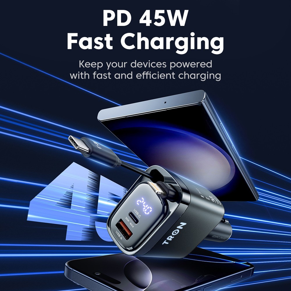 TRON 105W 4-in-1 Retractable Car Charger with LCD Display for iPhone & Android