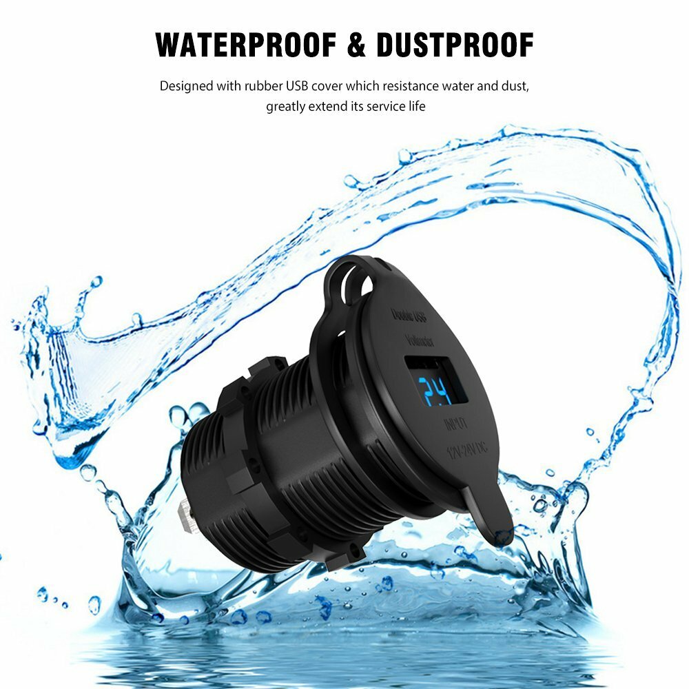 Aluminum 4.2A Dual USB Port Car Cigarette Lighter Socket Plug Blue LED Voltmeter