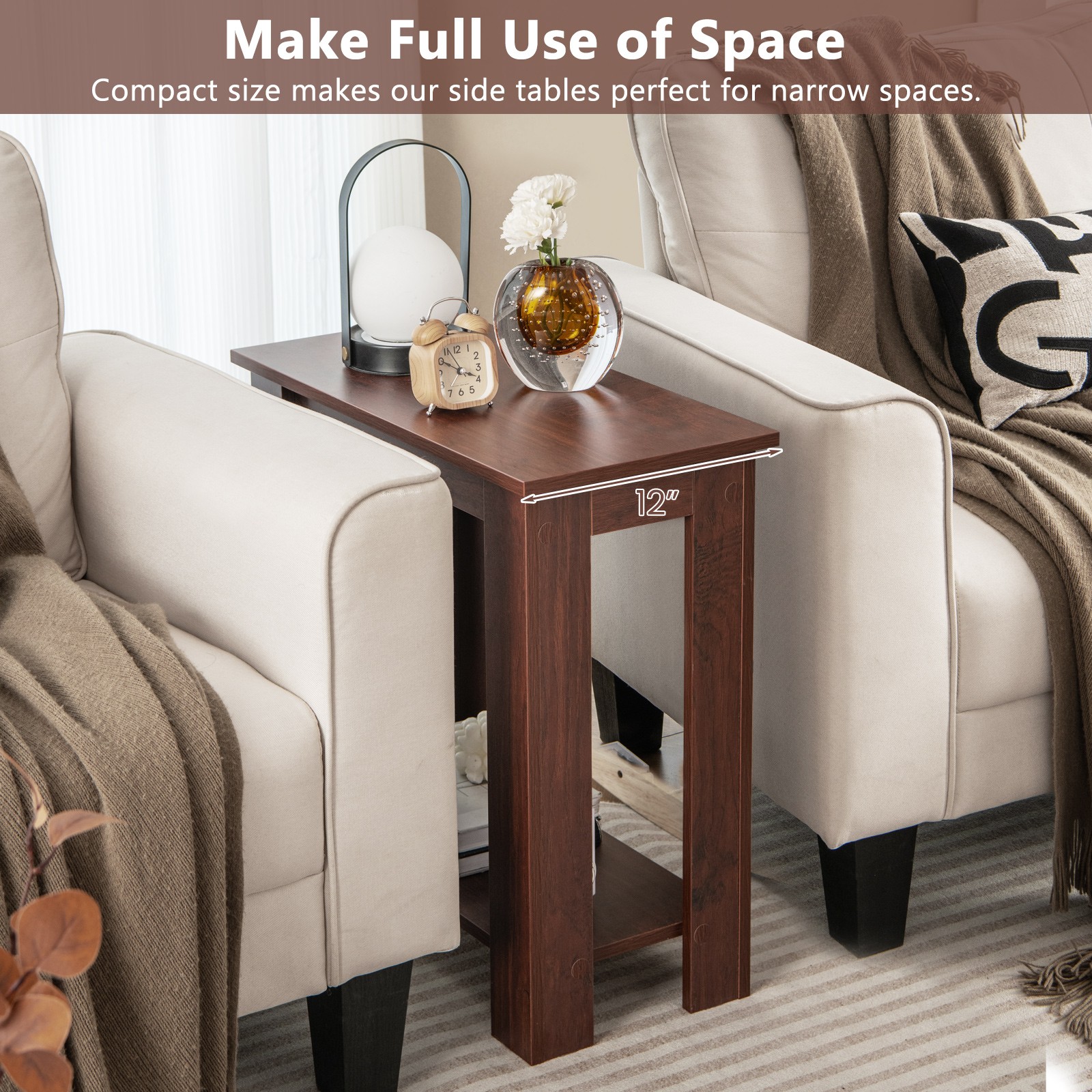 2 PCS End Table Sofa Bedside Table Compact Nightstand w/ Storage Shelf Espresso