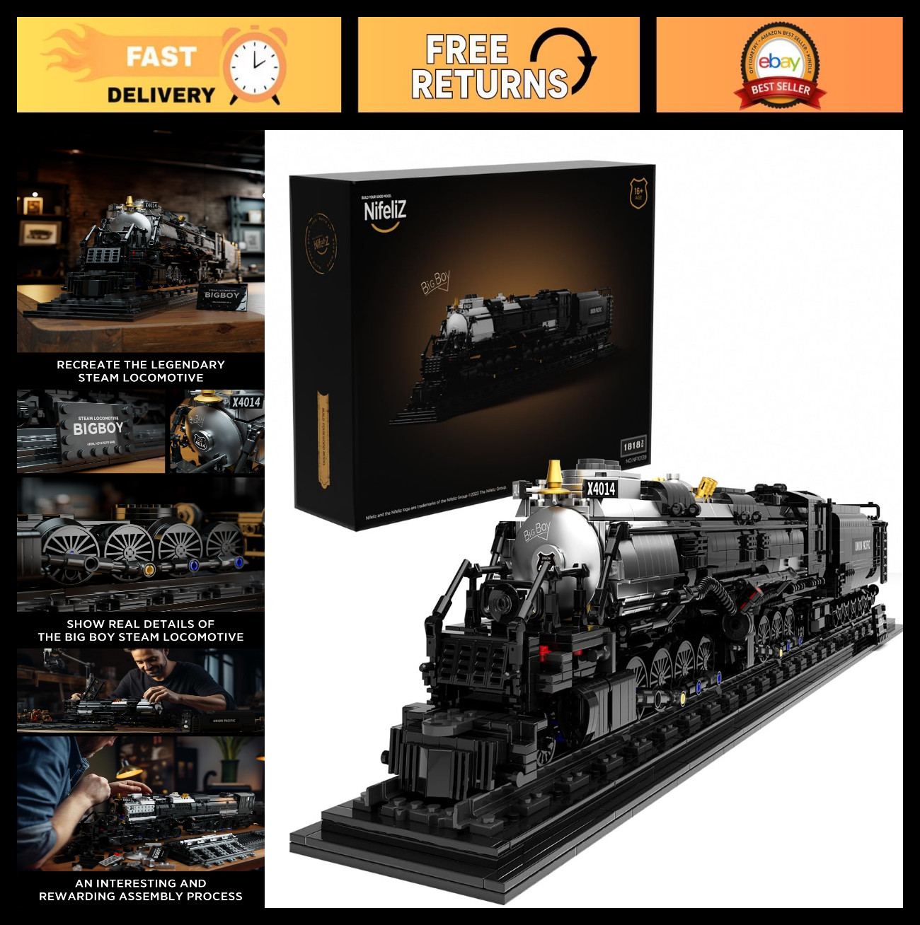 Articulated Steam Locomotive Building Set | Big Boy Train Model for Home Decor &