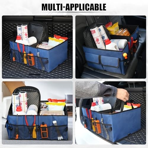Auto Collapsible Trunk Organizer, 3 Large Compartments and 6 Pockets Dark Blue