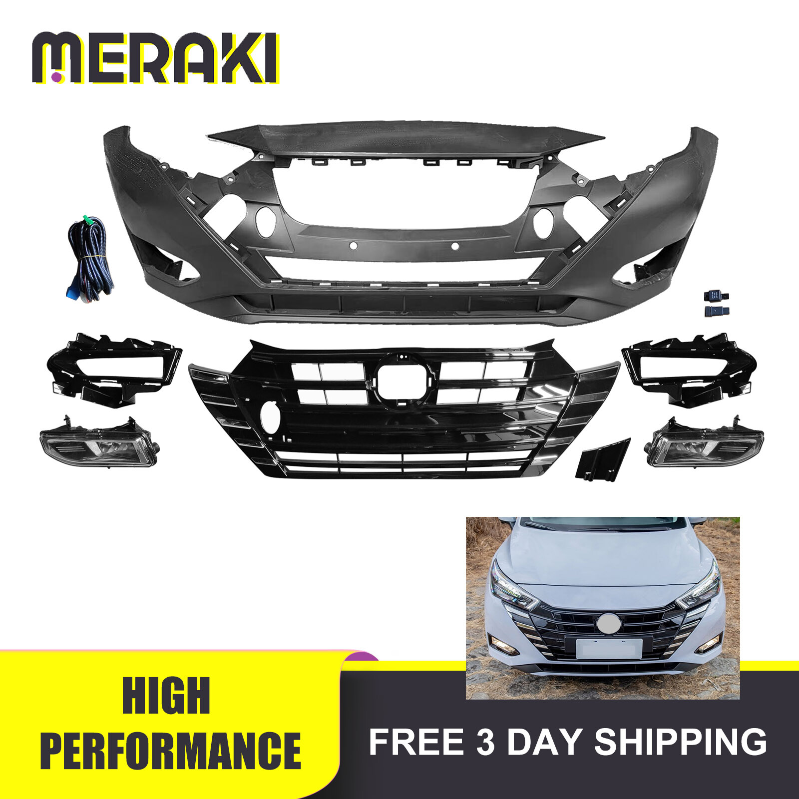 Front Bumper Cover Kit W/ Fog Lights For 2023 2024 2025 Nissan Versa S SV 1.6L
