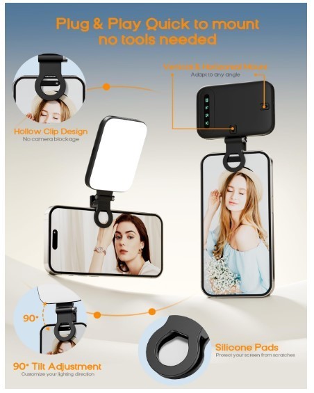 Rechargeable Selfie Light Clip-On LED – 3 Modes 10 Brightness for iPhone
