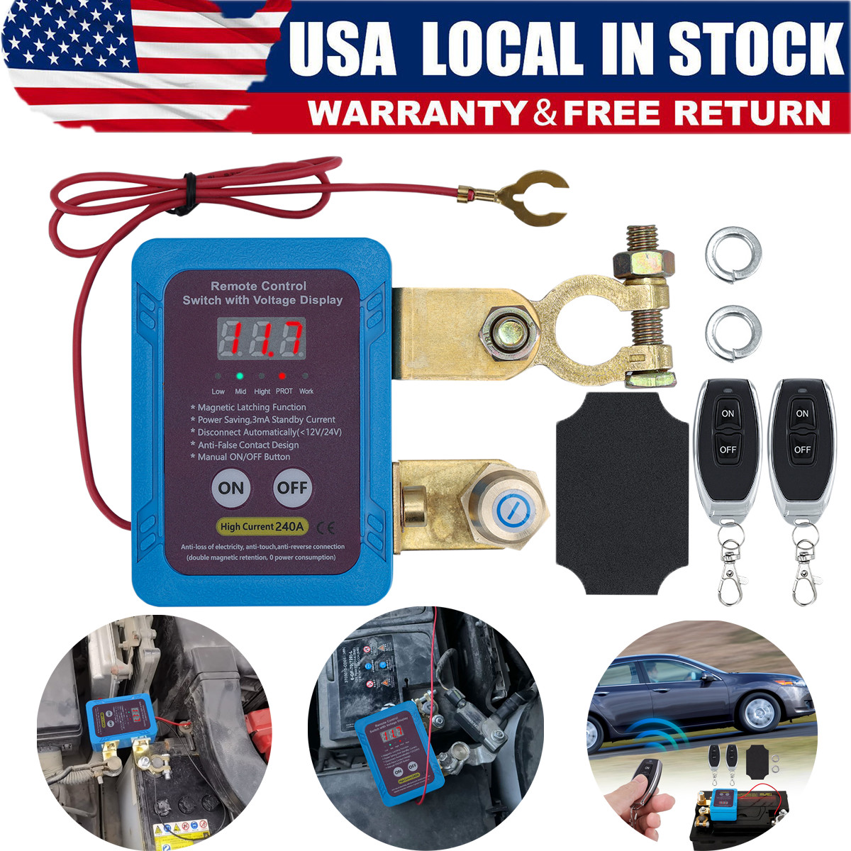 12V 240A Wireless Remote Battery Kill Switch for Car Truck RV with LED Light