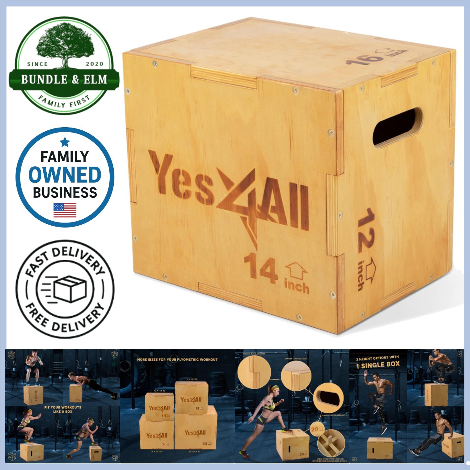 Plyo Box Wooden 3-in-1 12,14,16in Jump Box for Strength Training Home Gym