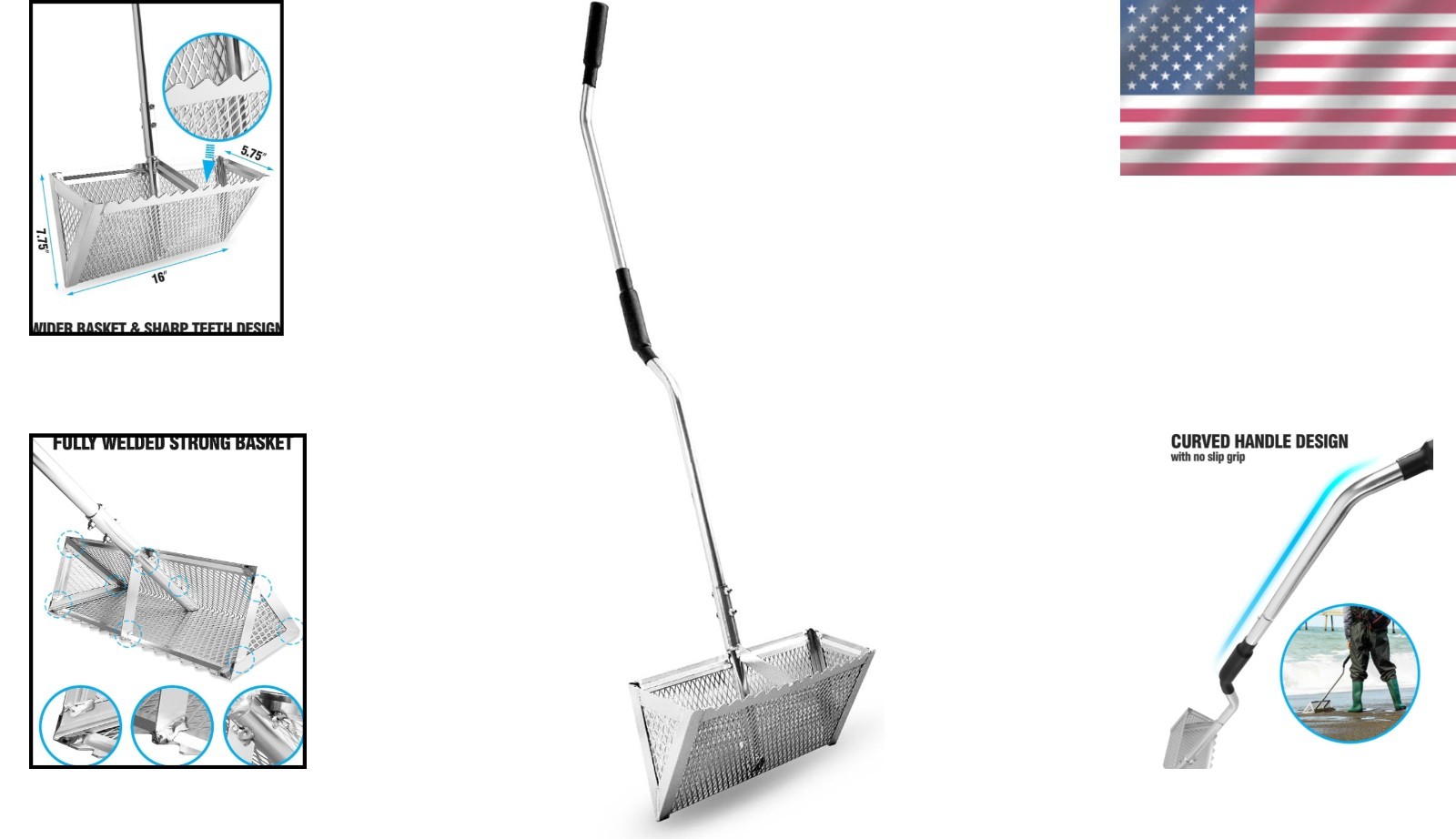 Efficient Sand Flea Rake, Wide Basket Design, 52" Handle