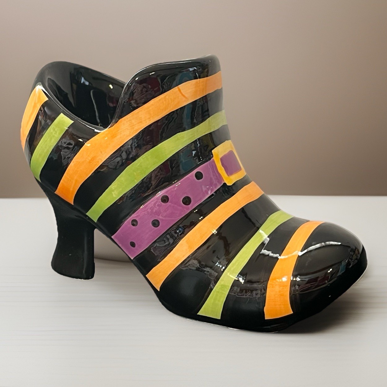 Pier 1 Halloween Ceramic Painted Witch Shoe Boot Tea Candle Holder Black Stripes