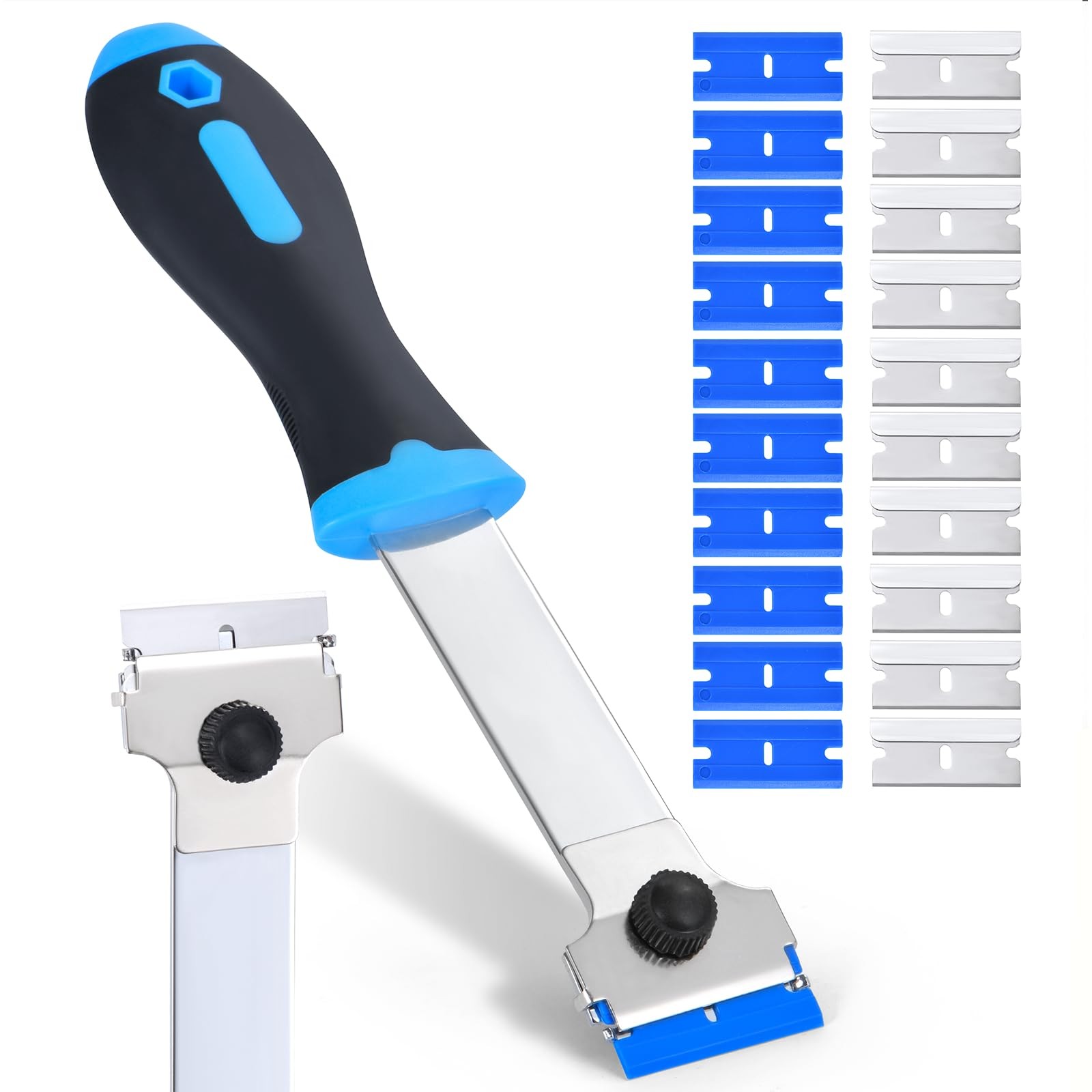 Razor Blade Scraper Tool with 20 Extra Replacement Blades (Metal & Plastic)