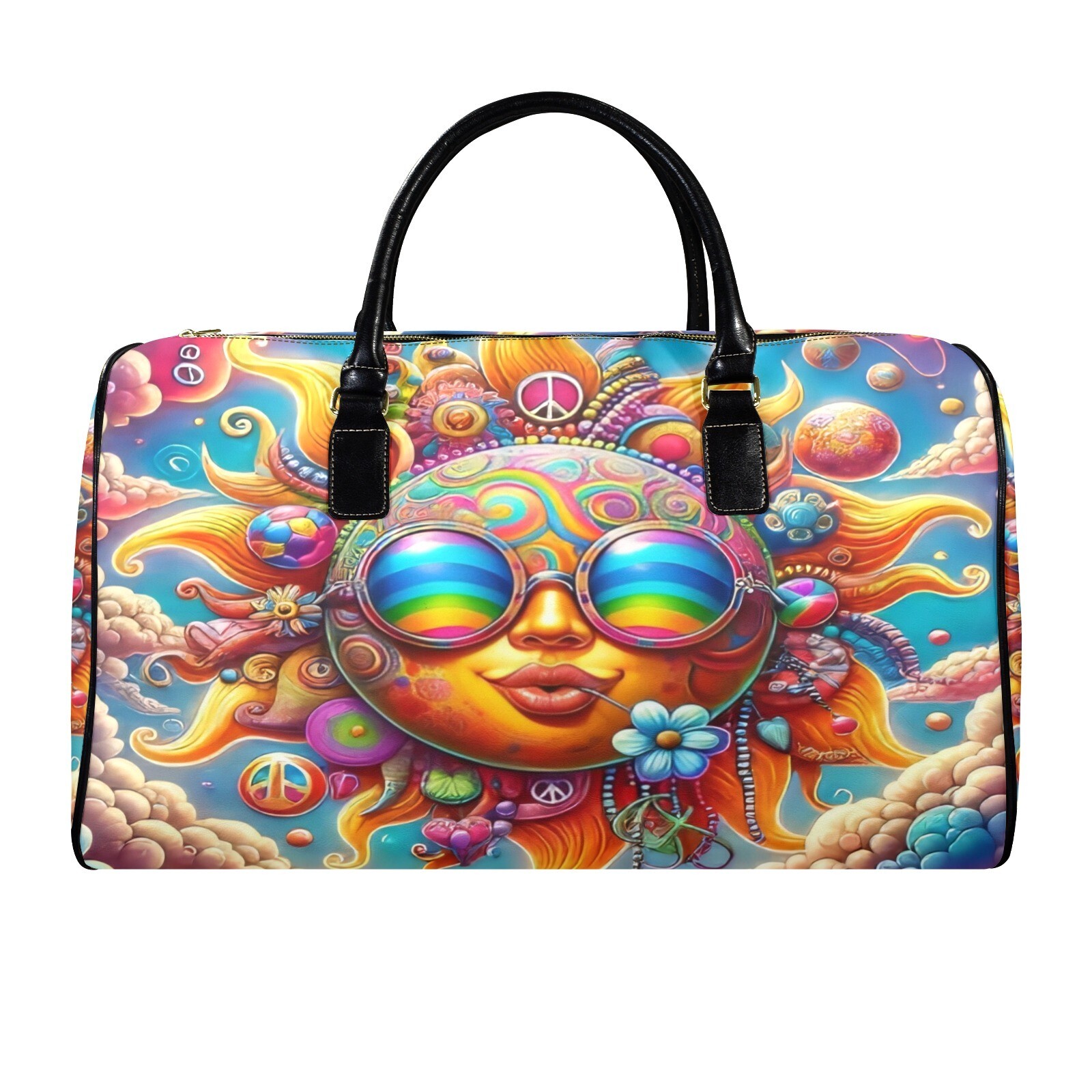 large leather travel bag. Peace flower power