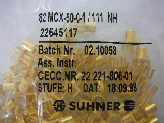 SUHNER 82MCX-50-0-1/111NH Coaxial PCB Connector Straight Jack **NEW** Qty.1