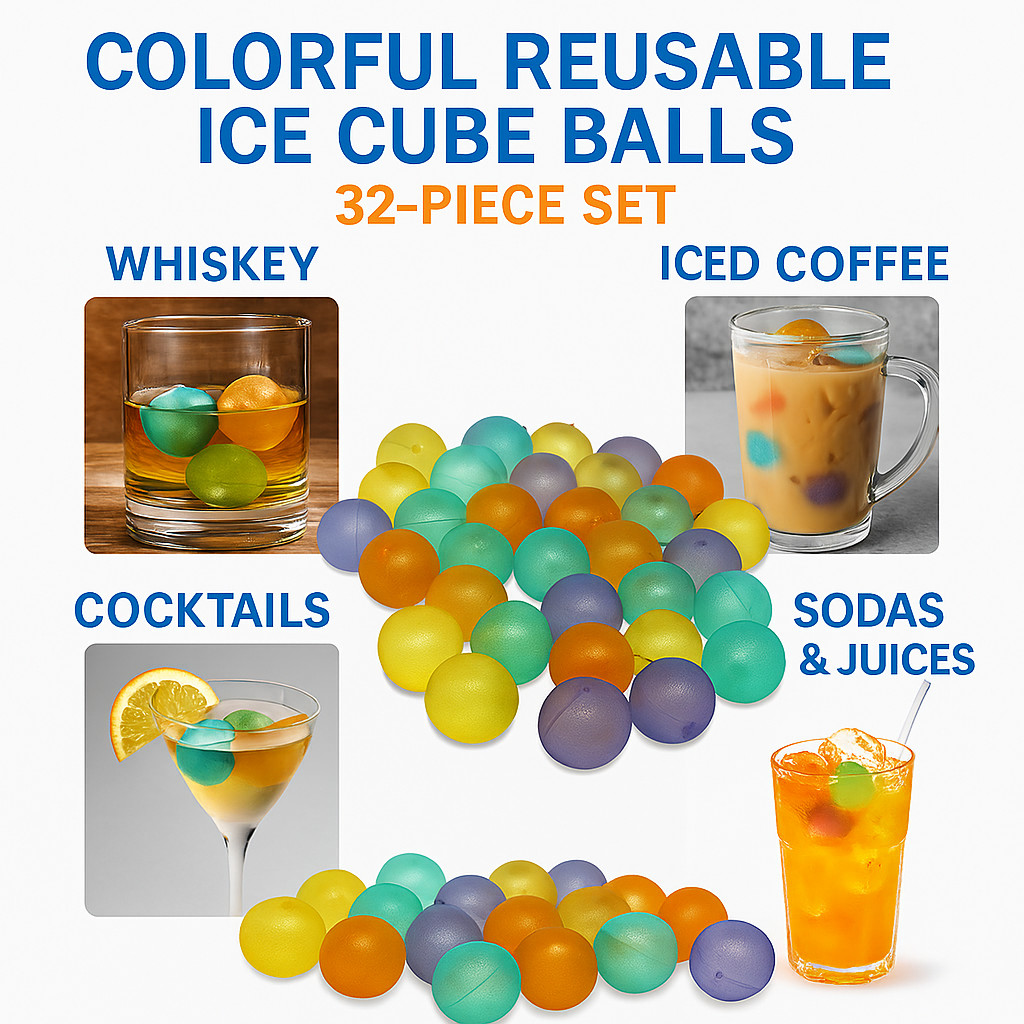 32-Piece Reusable Ice Cube Balls – Non-Diluting Spherical Ice Molds for Drinks