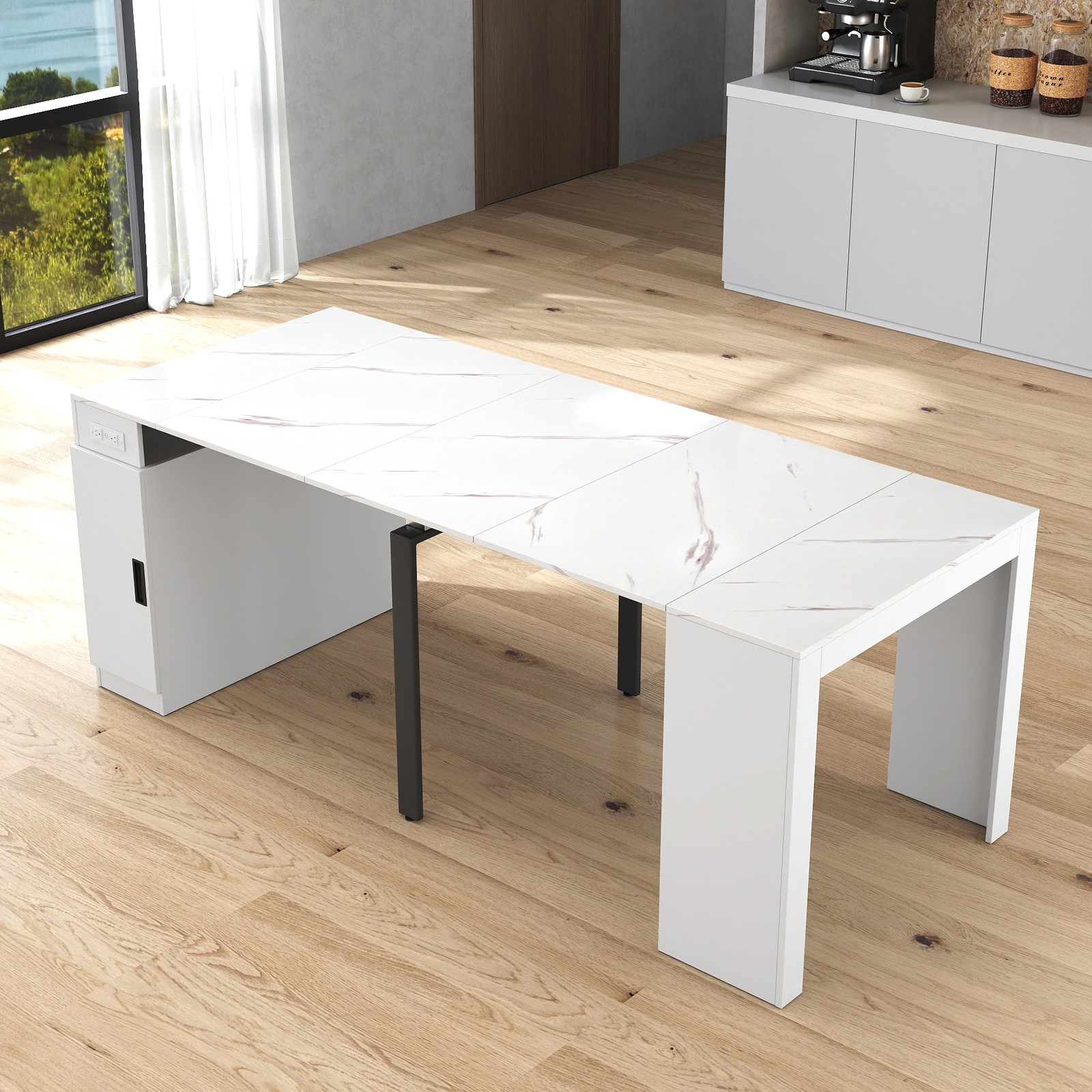 Modern Multifunctional Extendable Dining Table with Outlet, Space Saving Table