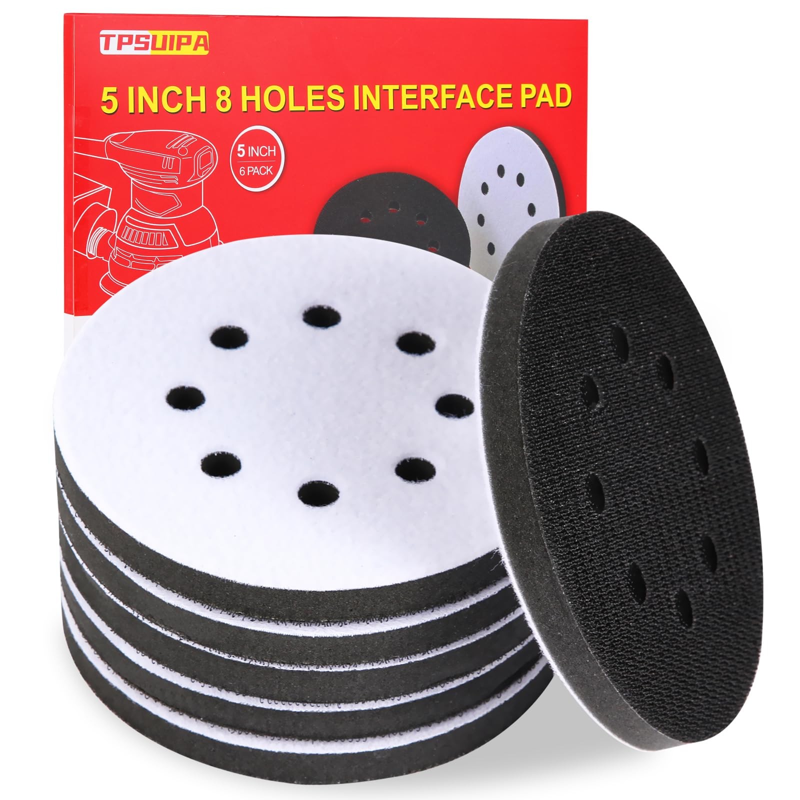 TPSUIPA 6 Pack 5 Inch 8 Holes Interface Pad, 5” Orbital Sander Foam Pad
