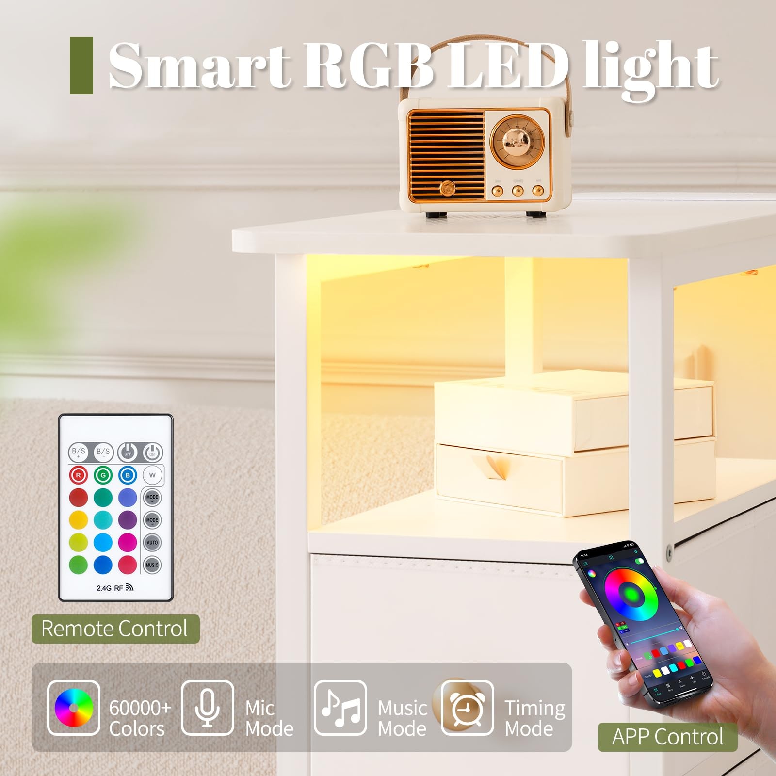 Yoobure LED Narrow Nightstand with Charging Station - Slim Dresser for Bedroo...