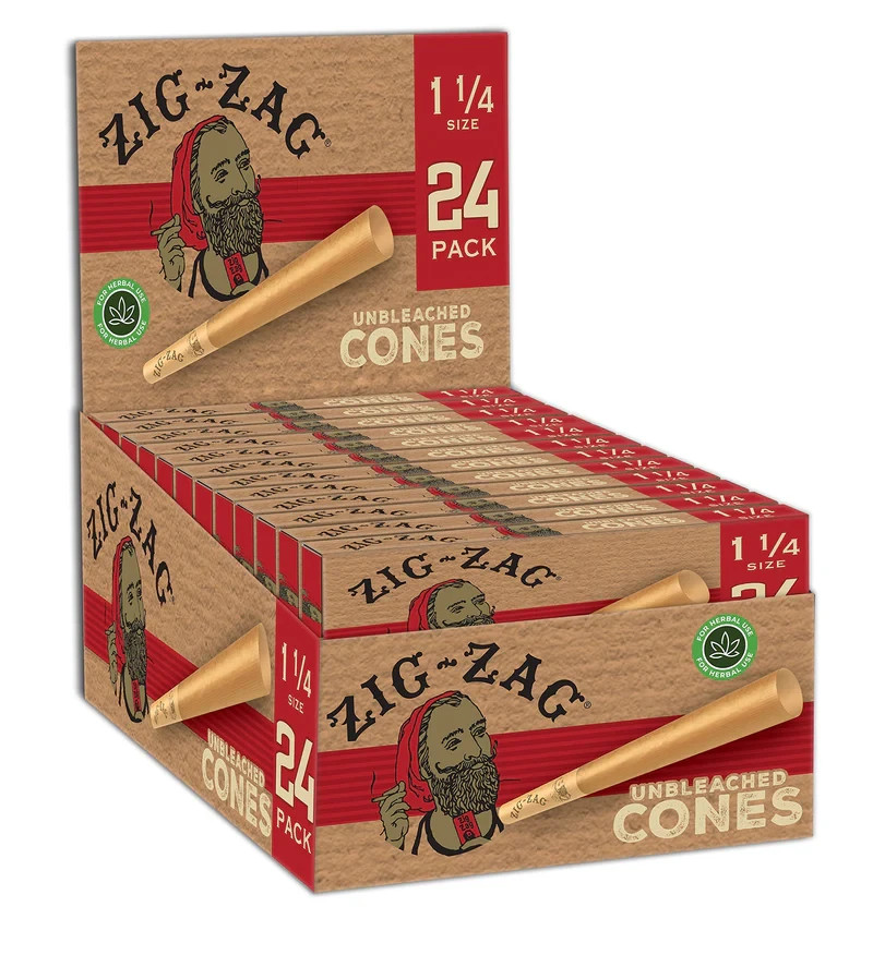 Zig-Zag 1-1/4" Unbleached Pre Rolled Cones - 12 Pack Carton - 24 Cones Per Pack