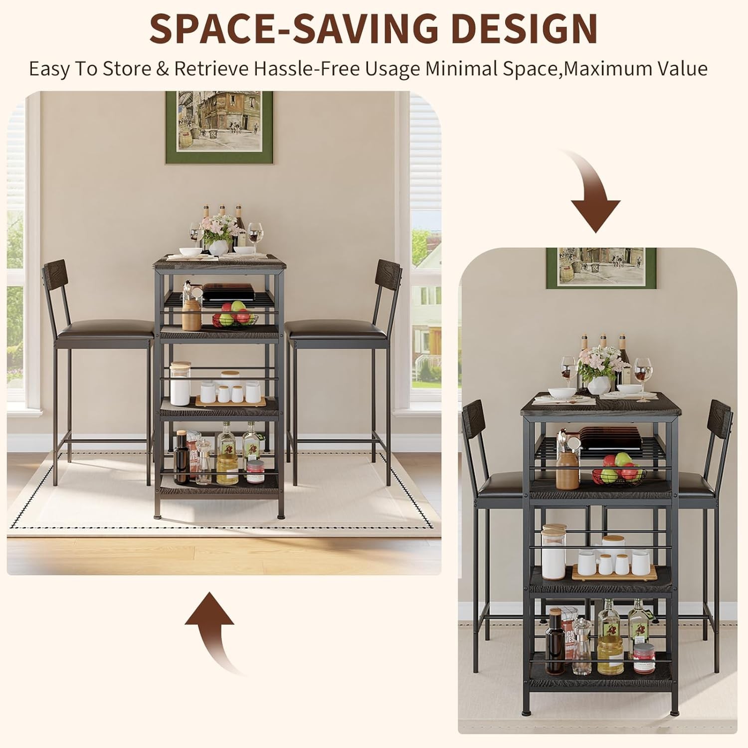 3pcs Dining Table Set for 2 Kitchen Dining Room with 2 Bar Stool and Wine Rack