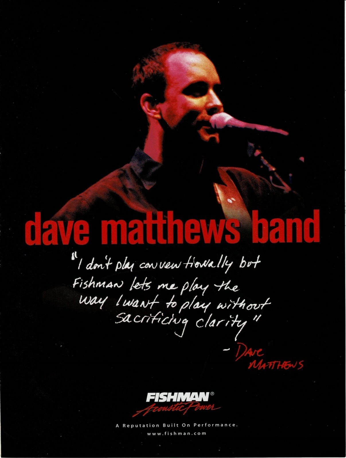FISHMAN PICKUPS - Dave Matthews - 1998 Print Advertisement