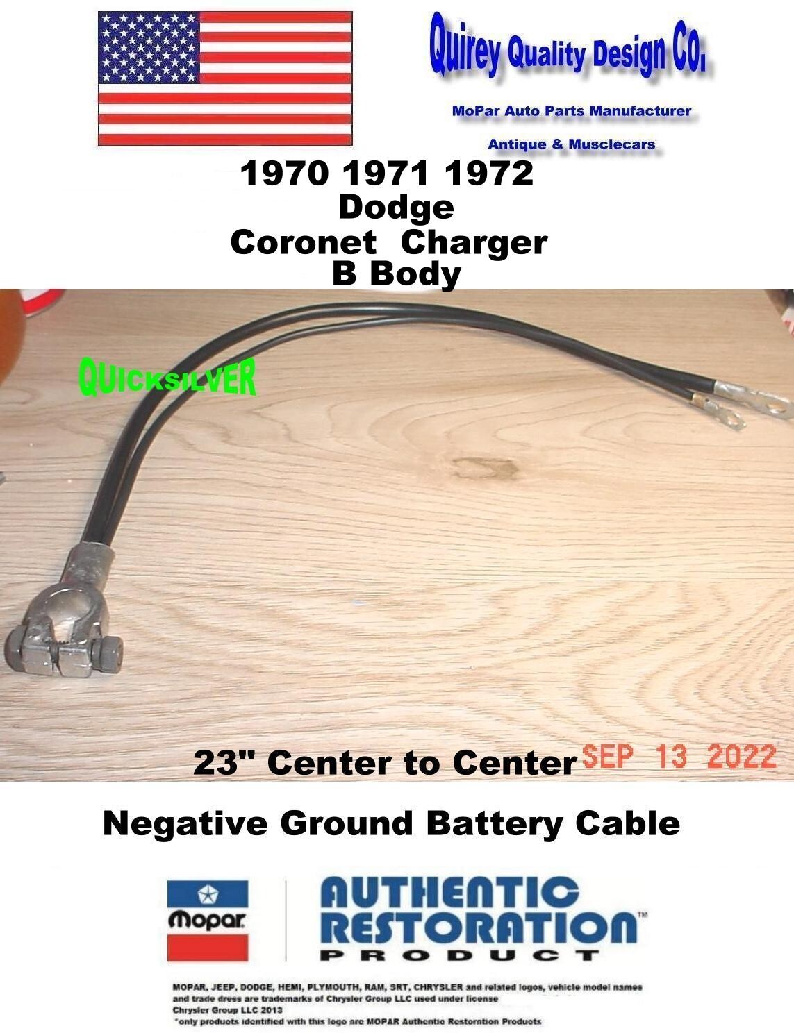 1970 71 72 Coronet Charger Neg Battery Cable 2983778 Correct MoPar USA