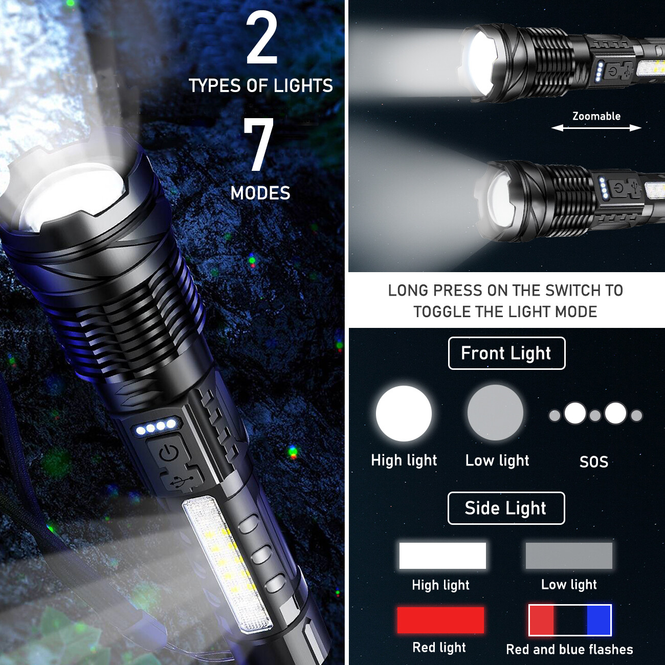 Rechargeable LED Flashlight Tactical Super Bright Torch Light 3 Lighting Color