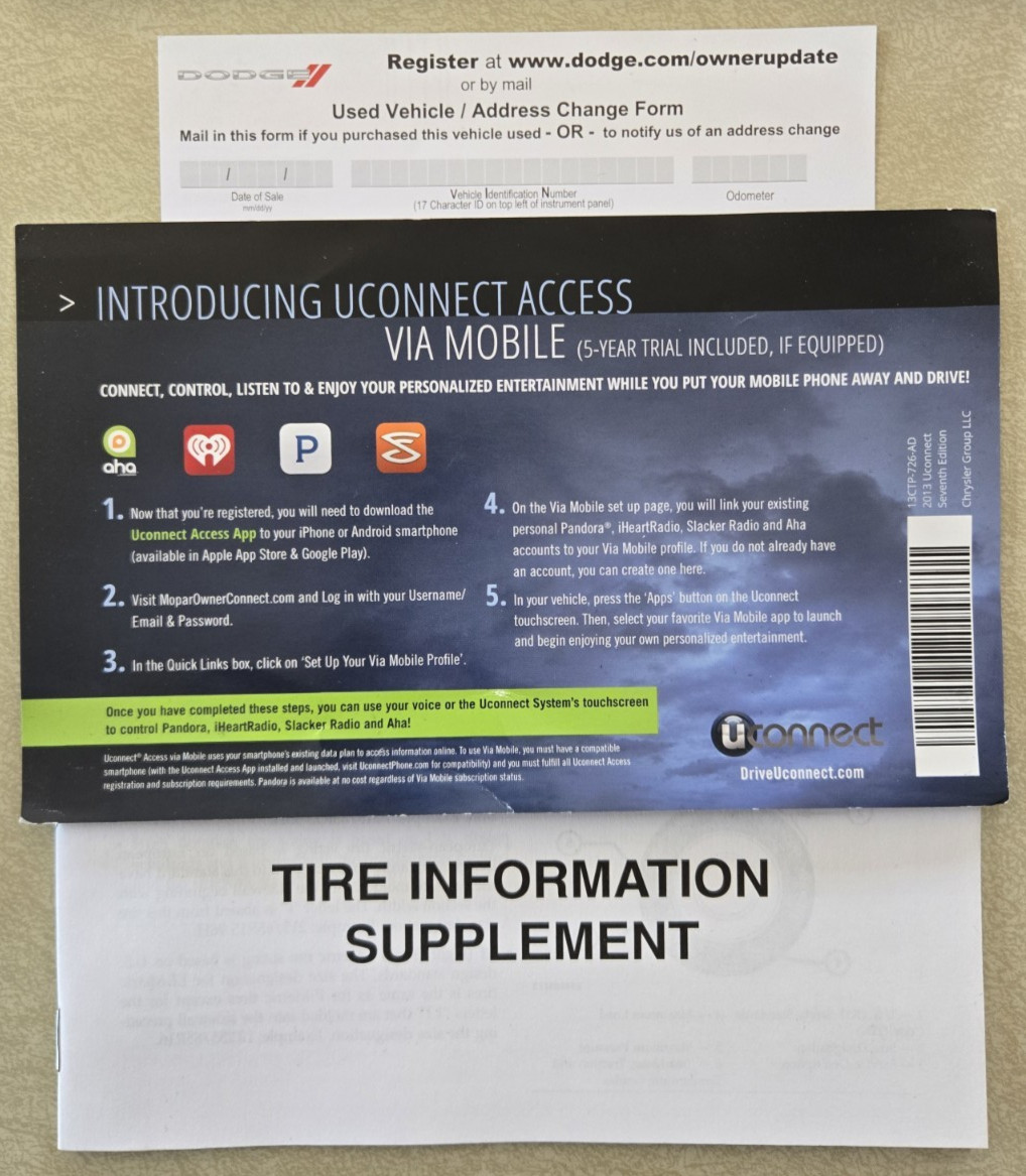 OEM 2014 Dodge Durango User Guide, Owners Manual Supplements, Pleather Holder.