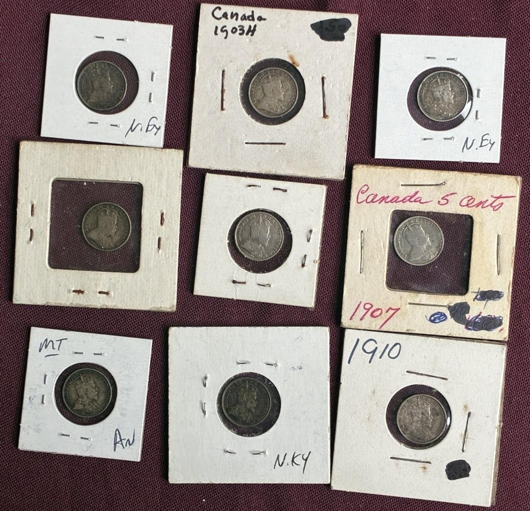 REDUCED!! ONE A YEAR 1902-1920 CANADA 5 CENT SILVER PIECES INCLUDES 1908 & 1915