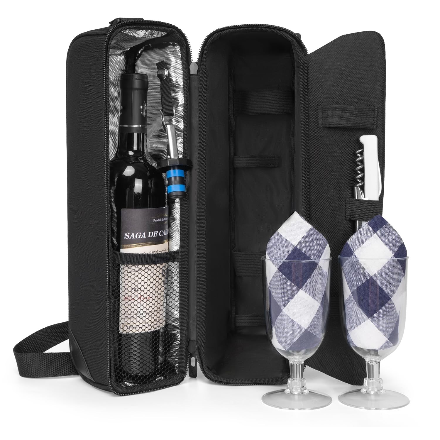 ALLCAMP Wine Bag - Insulated Cooler with Glasses, 1 Bottle, Black