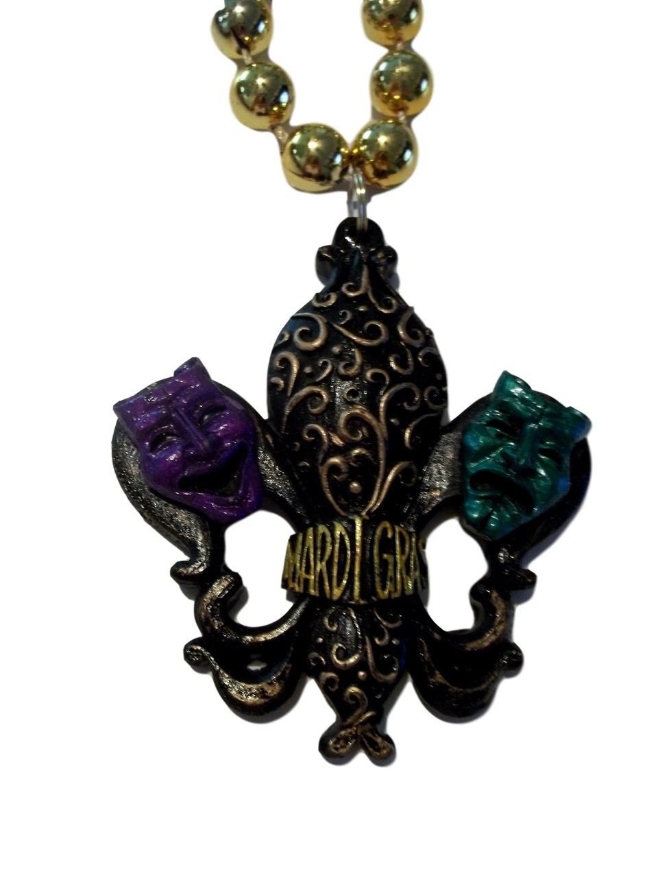 New Orleans Black Fleur De Lis Comedy Tragedy Masks Necklace Beads Bead