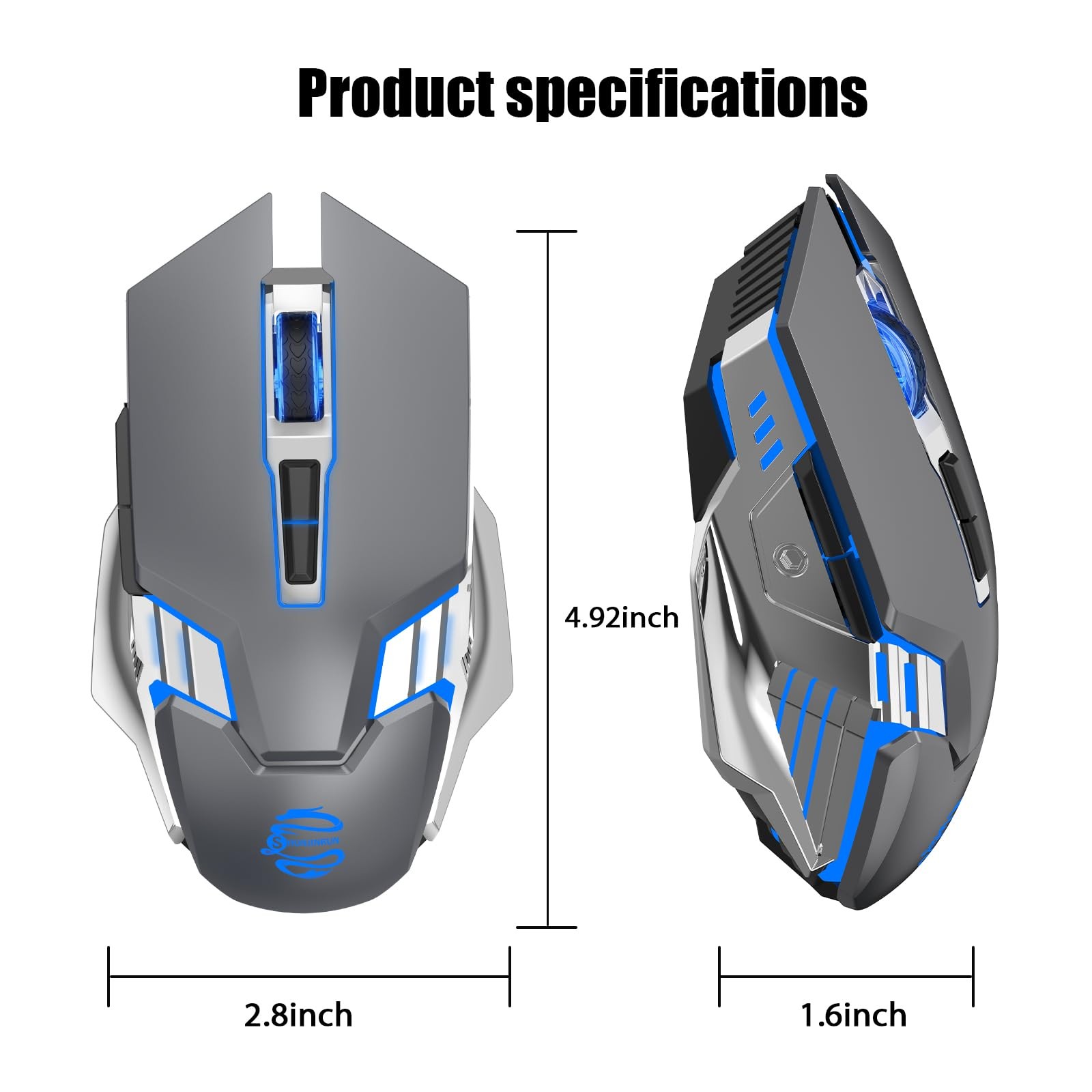 Bluetooth Gaming Mouse RGB Rechargeable Silent 6 Button DPI Laptop PC Grey