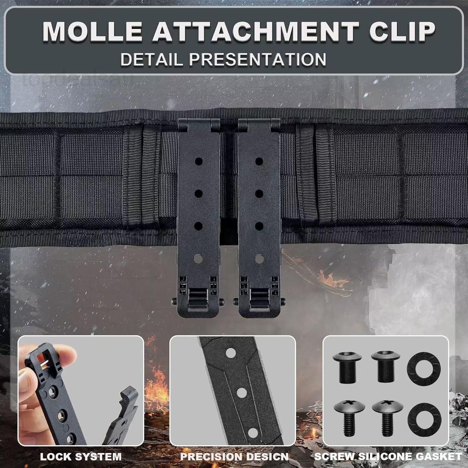 Molle Attachment Clips with Mounting Hardware for Vests, Backpacks, Black
