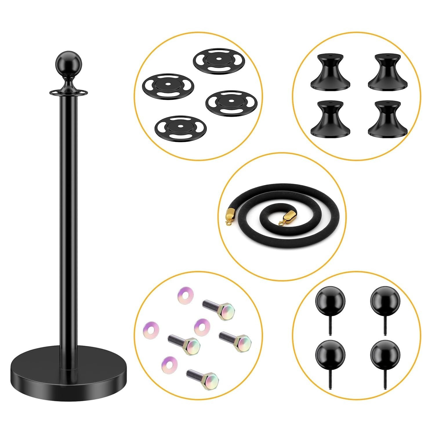 4 Black Stanchion Posts Queue Barrier 2 Black Velvet Ropes Crowd Control