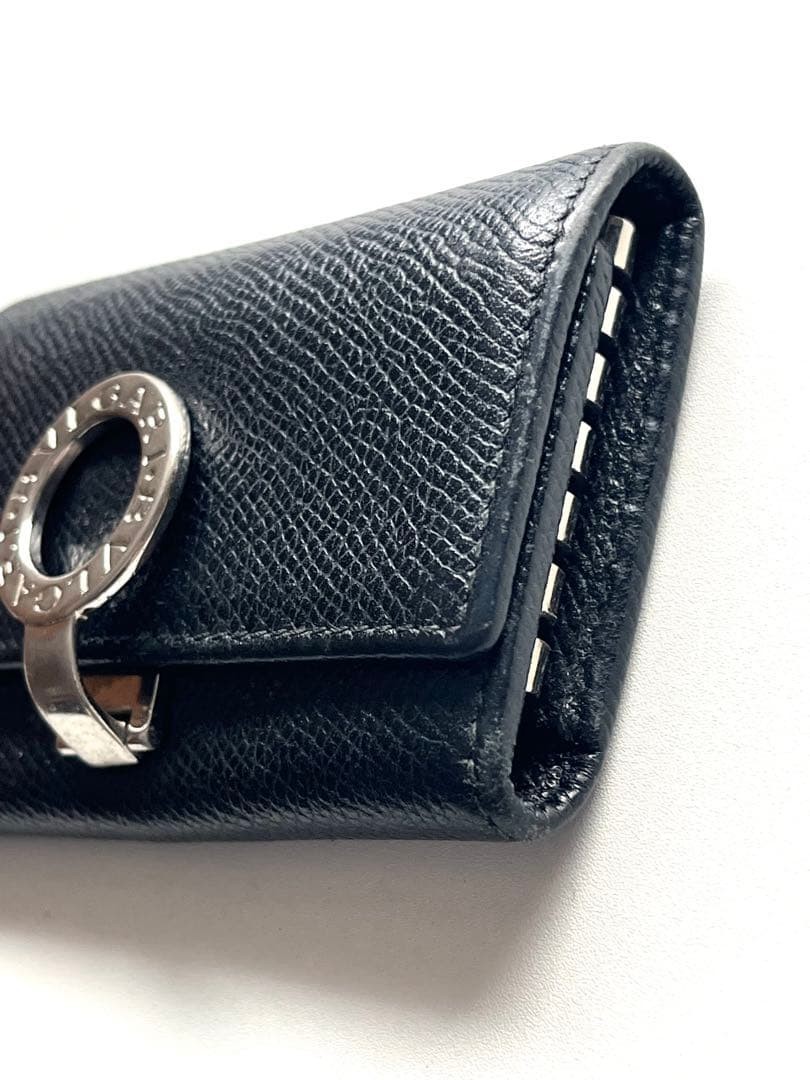 BVLGARI 6 Key Holder Black Leather Logo Ring Italy Wallet Case