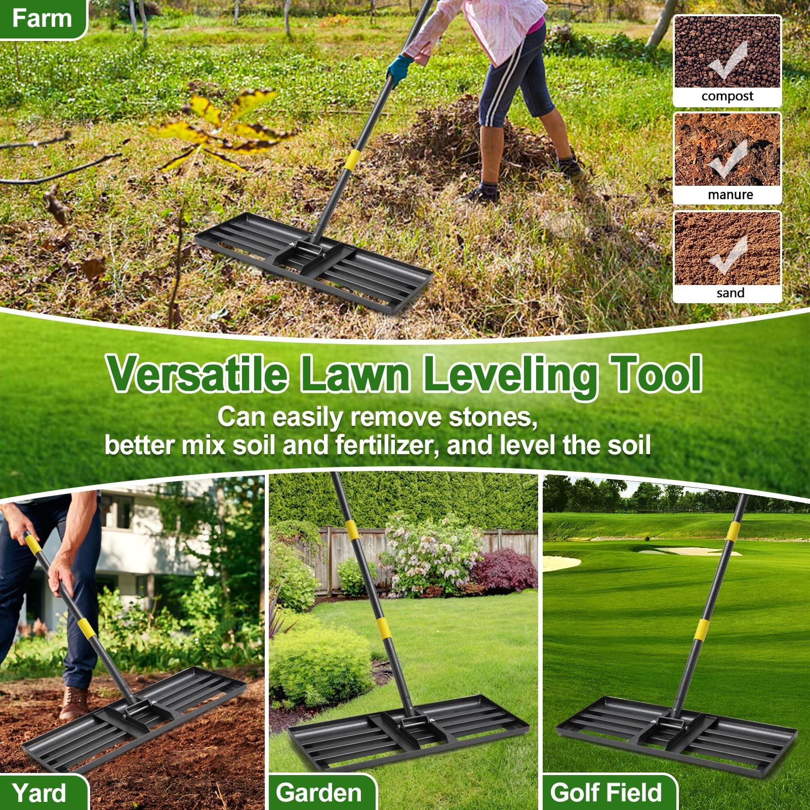 Lawn Leveling Rake, 30"x10" Levelawn Tool, 5FT Adjustable Handle Leveling Too...
