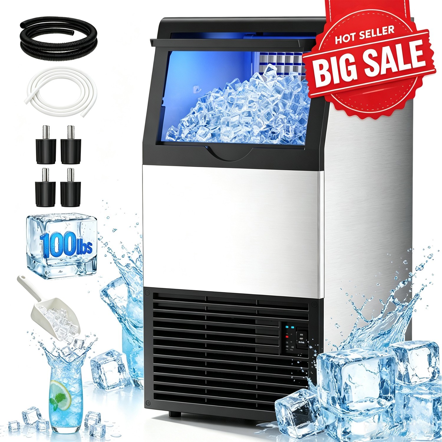 Commercial Ice Machine, ice production capacity 100 lbs, ice storage capacity 30