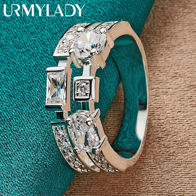 URMYLADY 925 Sterling Silver Square/Round Zircon 7-10# Ring For Women Jewelry