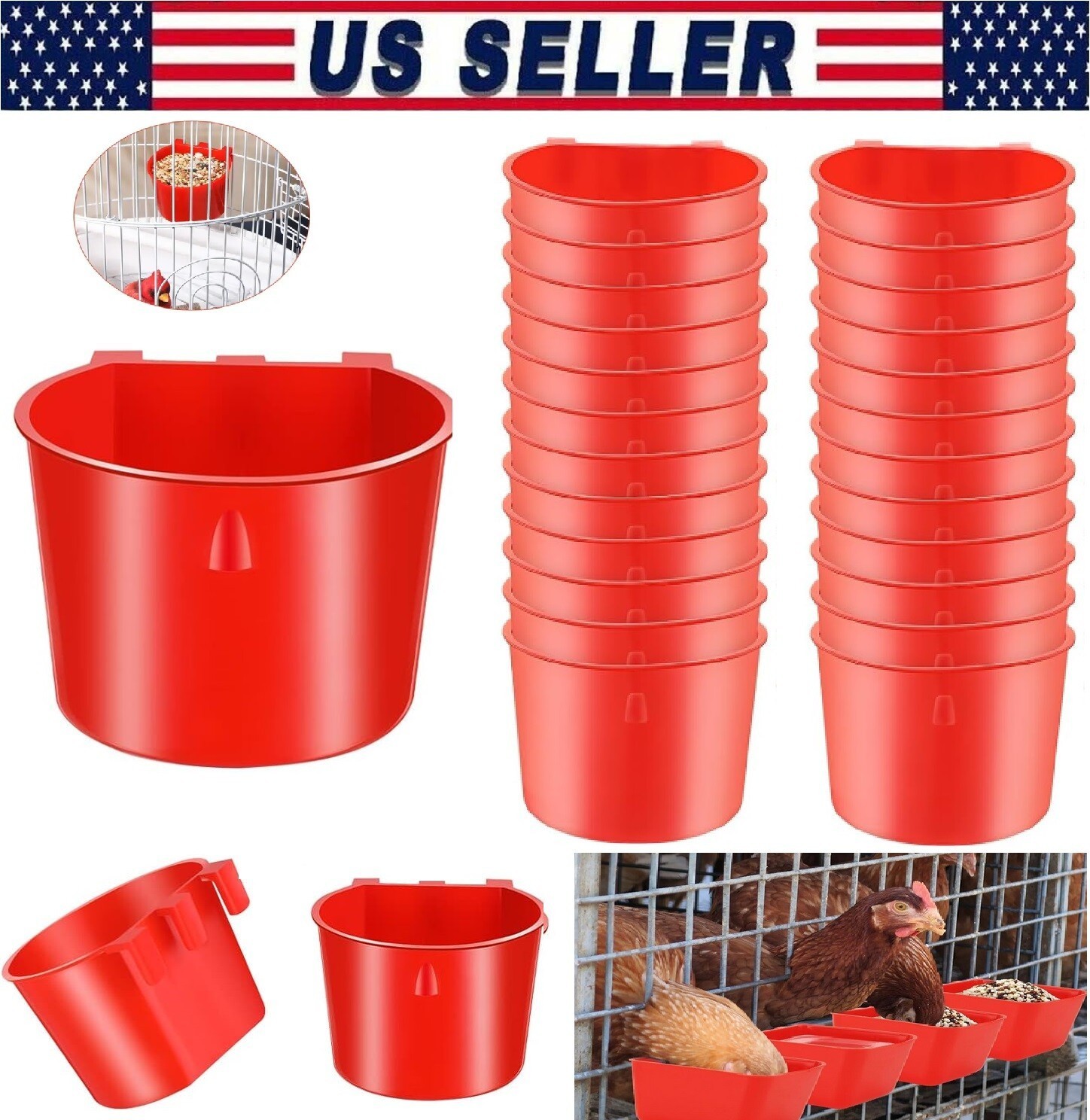 20/40/60× Chicken Poultry Hanging Water Feed Cage Cups Rabbit Bird Feeder Bowls