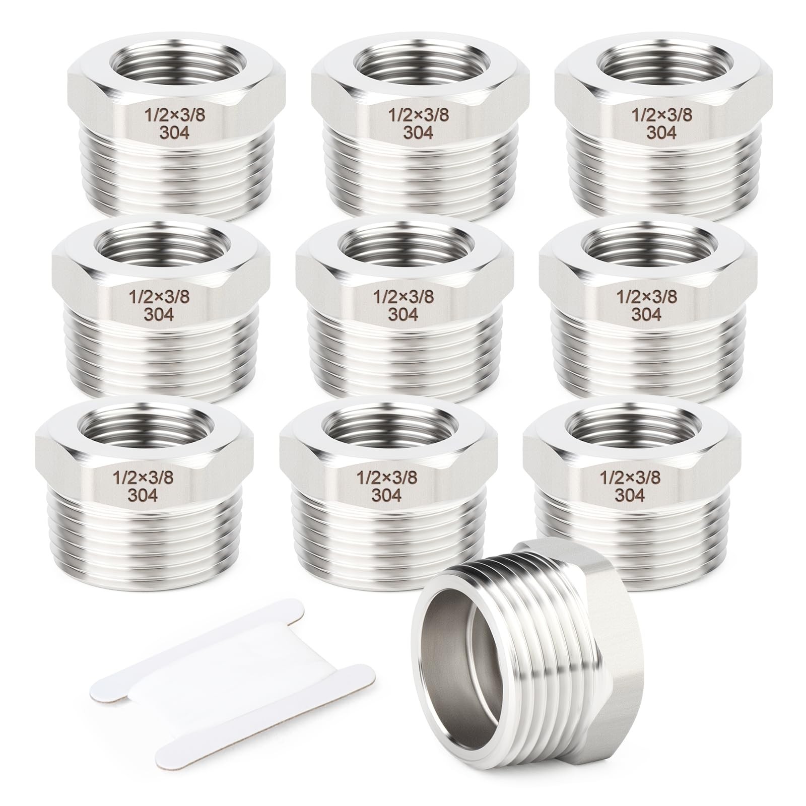 10PCS 304 Stainless Steel New Reducer Hex Bushing, 1/2" NPT Male x 3/8" NPT F...