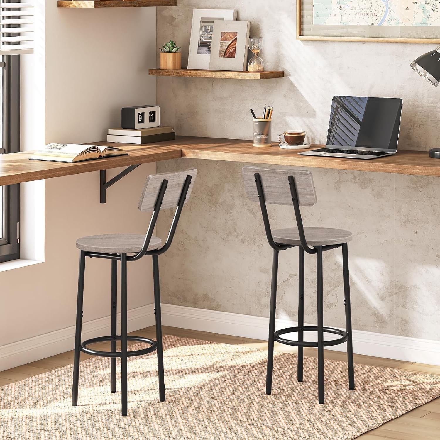 Bar Stools,Set of 2 Bar Stools W/ Footrest & Back,25.2" Bar Chairs Kitchen