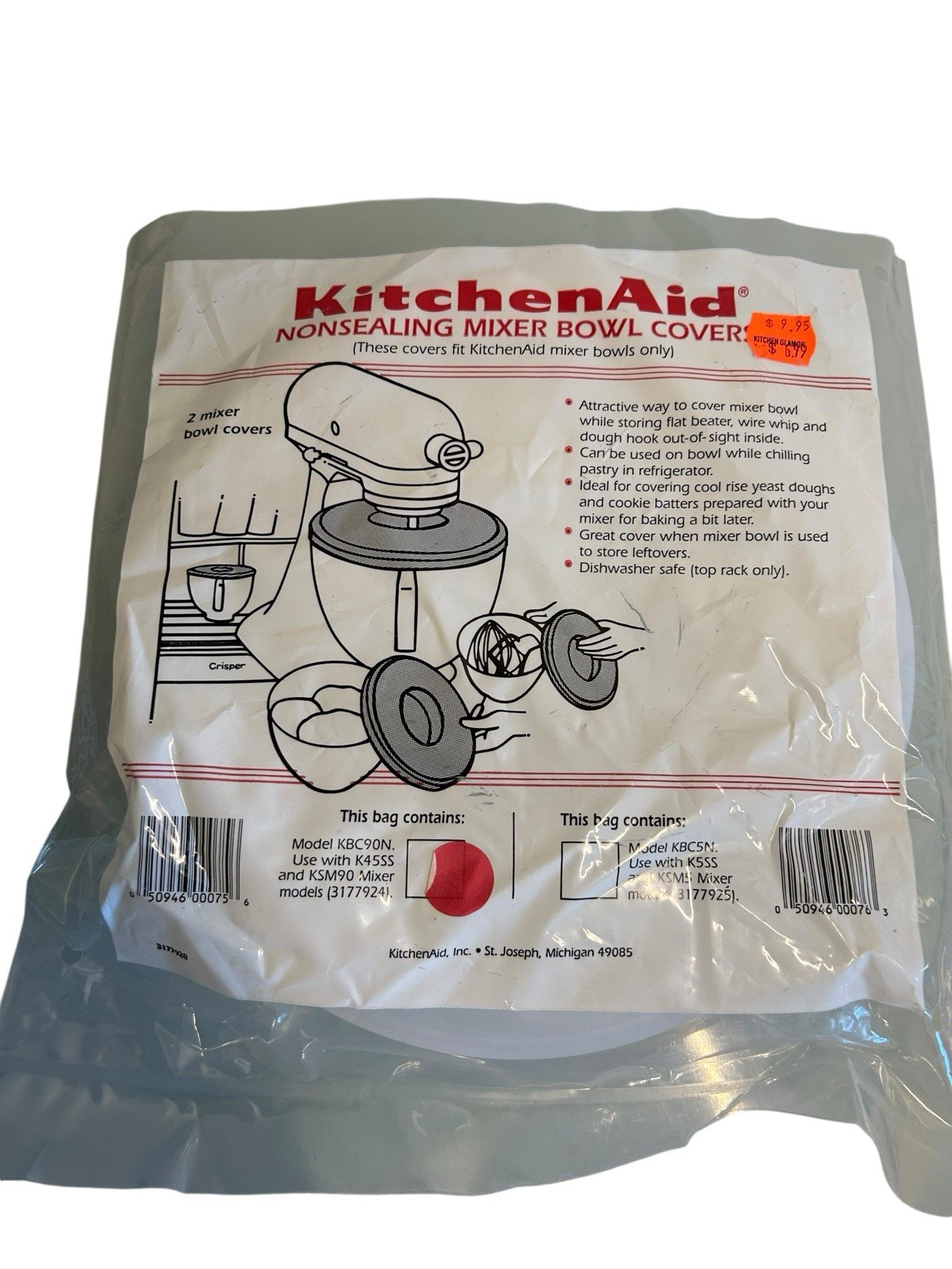 KitchenAid Bowl Covers KBC90N 9" Plastic 2-Pack for Tilt-Head Stand Mixers