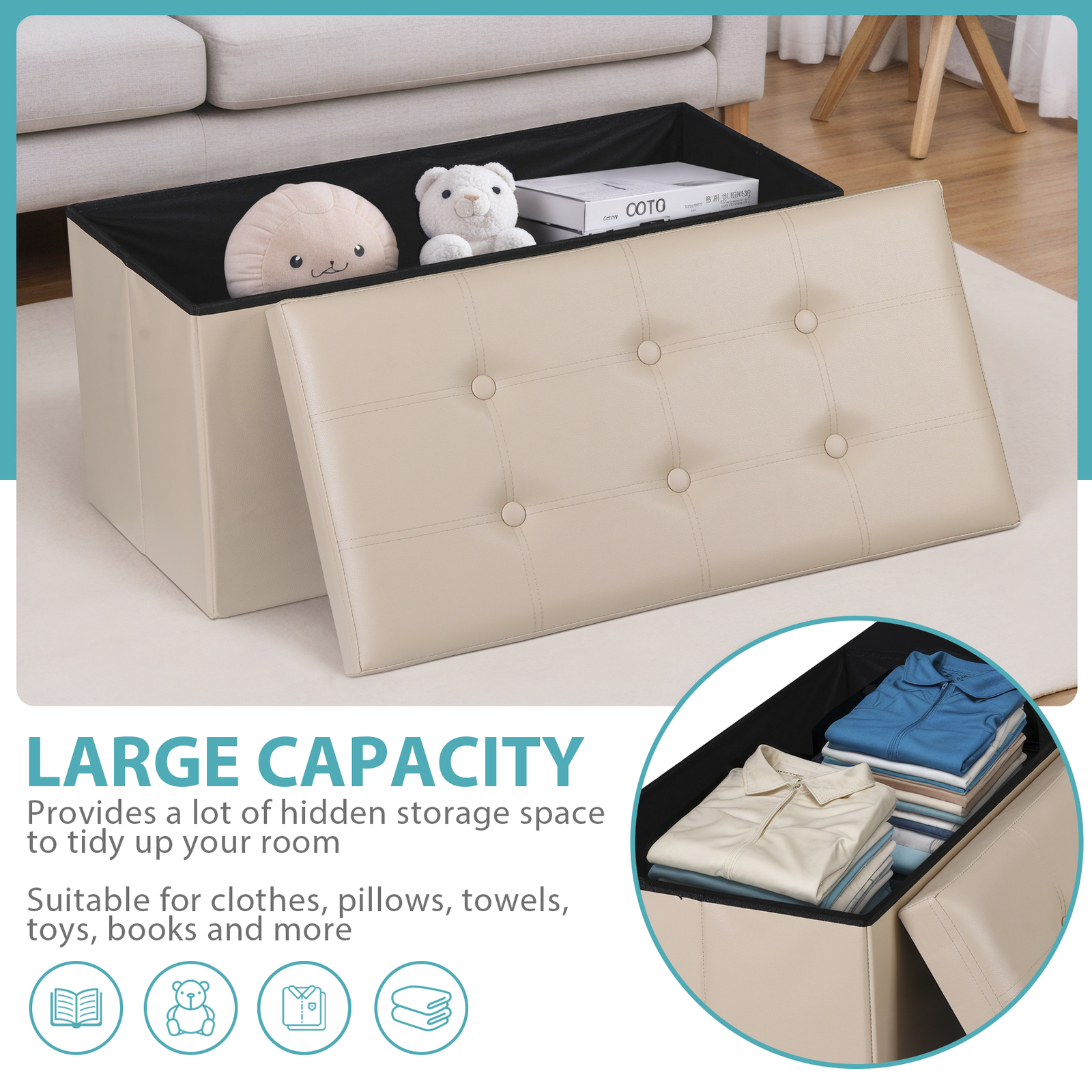 30'' Folding Ottoman Rectangular Footrest Storage Chest with Faux Leather Lid