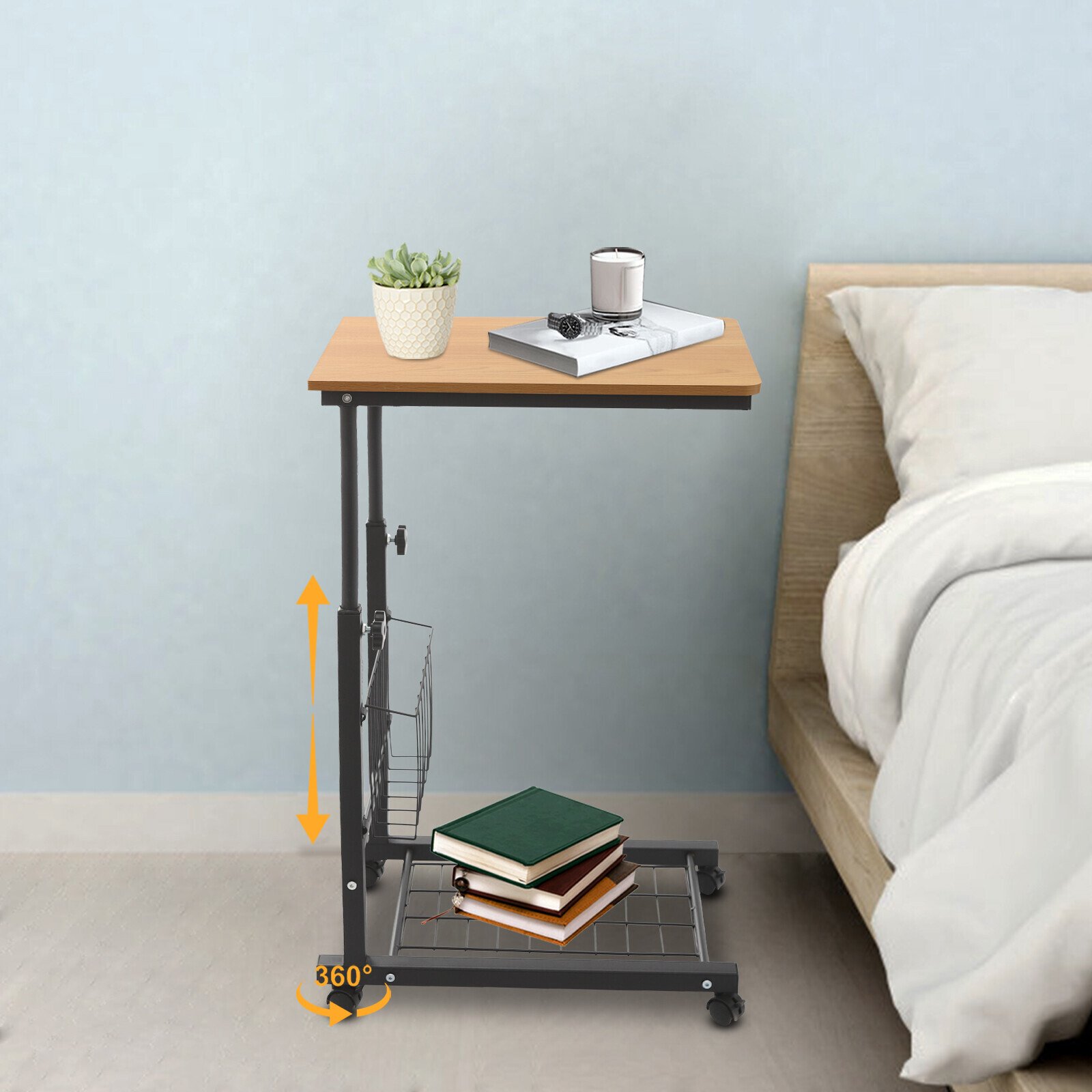 Height Adjustable C-Shaped Teak 2-Tier Bedside Table with Wheels & Brakes