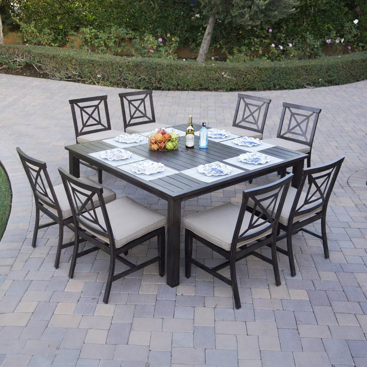 Atlantis 9 Pc Aluminum Dining Set 8 Dining Side Chairs in Walnut/Beige by Darlee