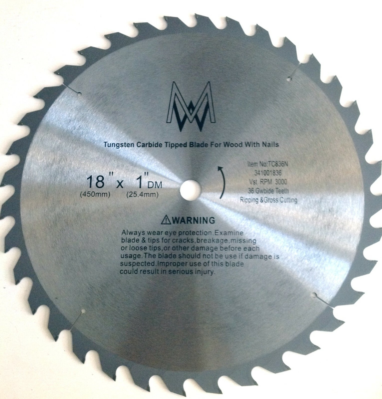 18" Inch 36 Tooth Carbide Circular Saw Blade for WOOD with Nails